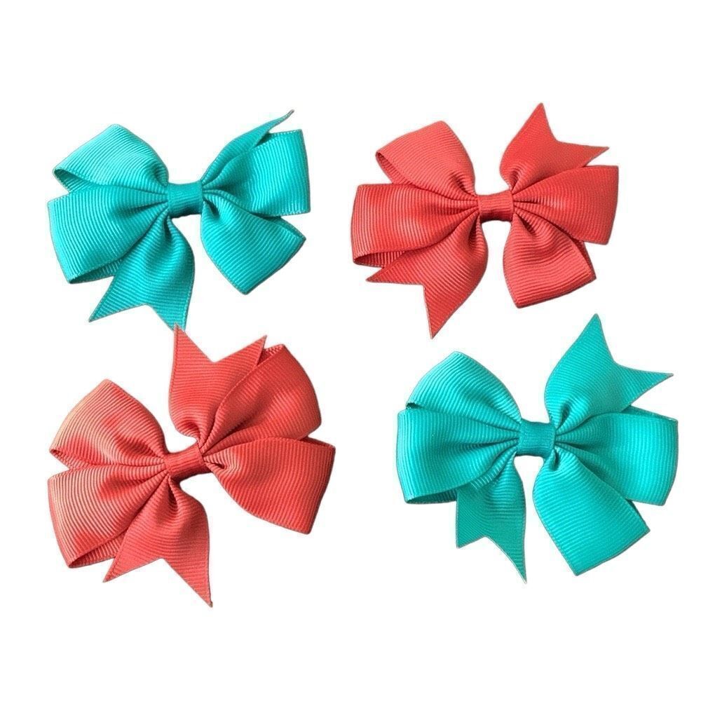 Set of 4 Girl’s Grosgrain Double Bow Hair Clips – Raspberry Rose & Mint Blue